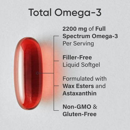 Total Omega-3 Fish Oil 2200mg - Made from Antarctic Krill w/Astaxanthin, Wild Sockeye Salmon & Alaska Pollock - 960mg of EPA & DHA - 120 Softgels