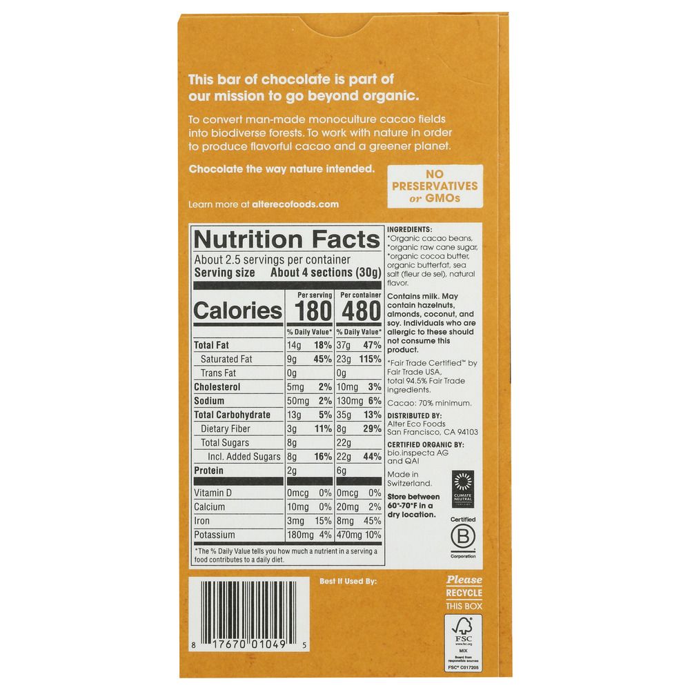 ALTER ECO: Organic Chocolate Dark Salted Brown Butter, 2.82 oz