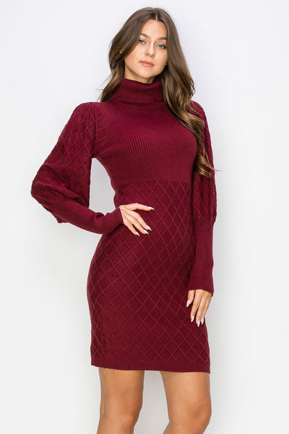 WD0020 Diamond Patterned Turtle Neck Sweater Dress