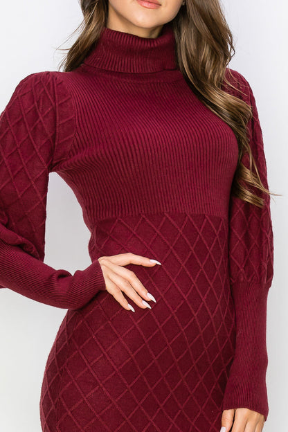 WD0020 Diamond Patterned Turtle Neck Sweater Dress