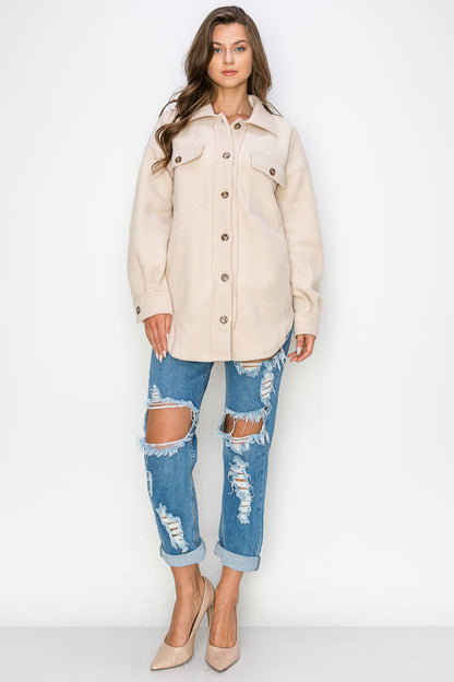 WK0022 Fleece Button Down Oversized Jacket