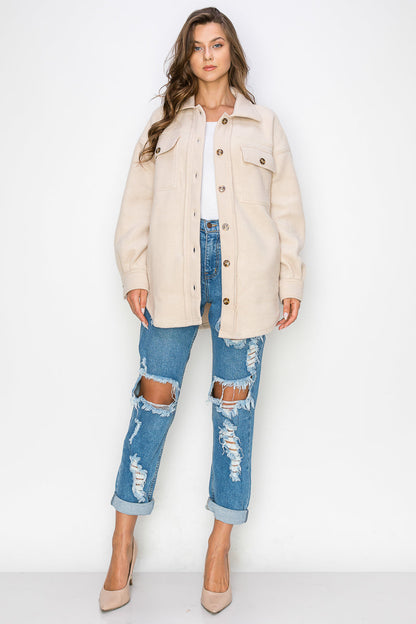 WK0022 Fleece Button Down Oversized Jacket