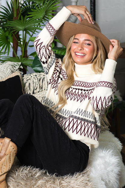 WT0004 BOHO ETHNIC PATTERN TURTLE NECK PULLOVER
