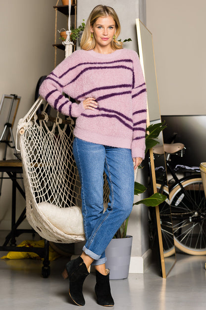 WT0011 Oversized Round Neck Striped Pullover Sweater Top