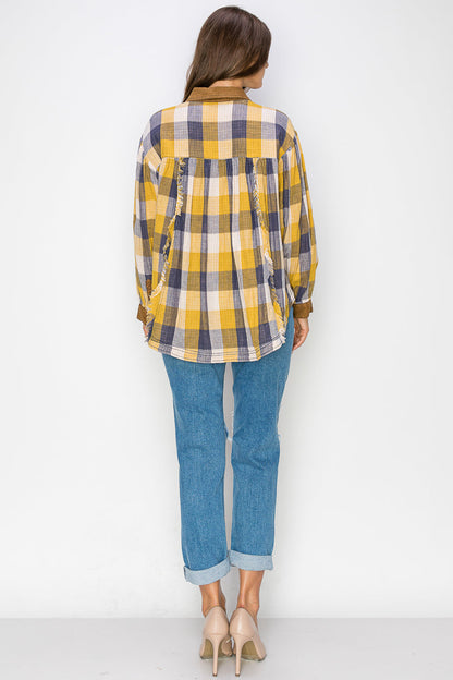 WT0035 Washed Balloon Sleeves Plaid Blouse