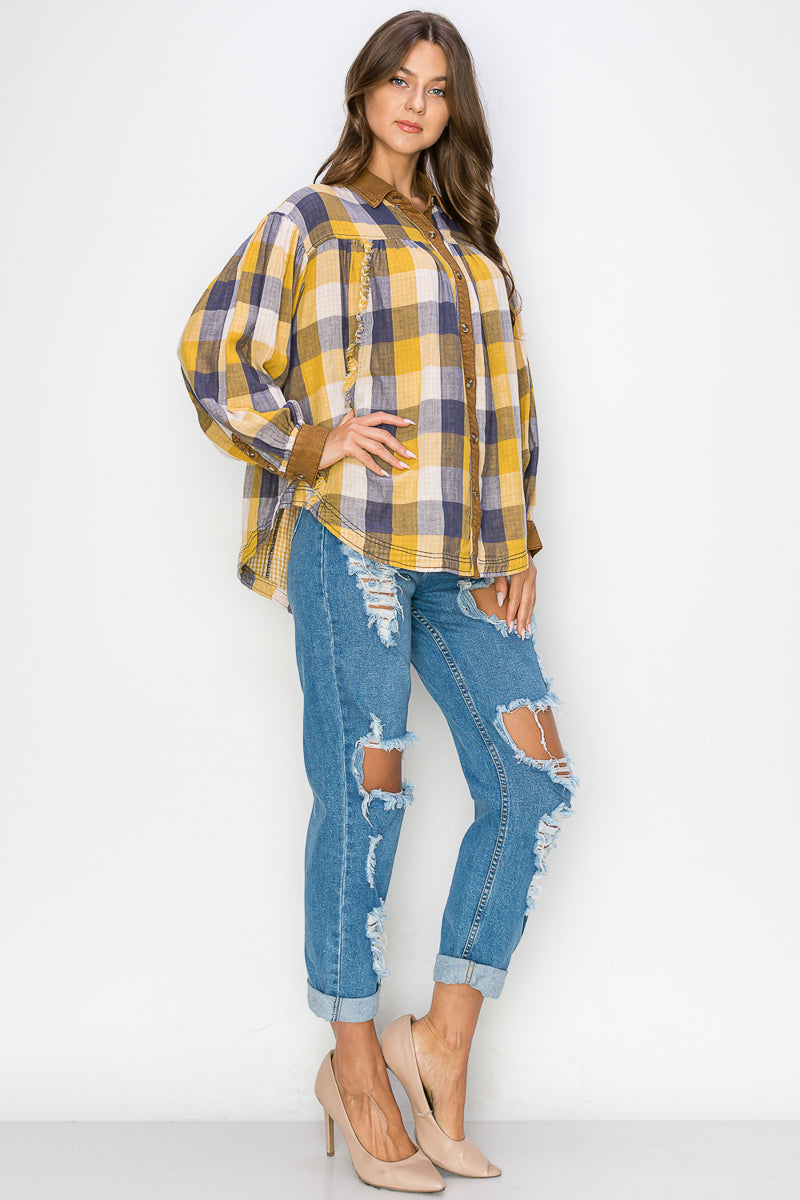 WT0035 Washed Balloon Sleeves Plaid Blouse