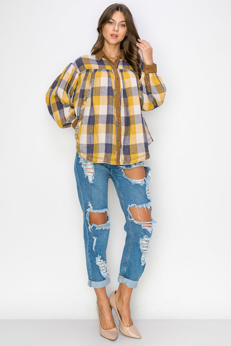 WT0035 Washed Balloon Sleeves Plaid Blouse