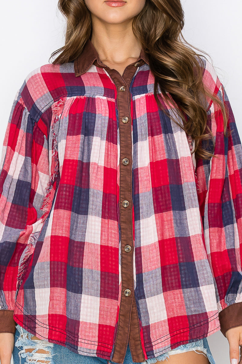WT0035 Washed Balloon Sleeves Plaid Blouse