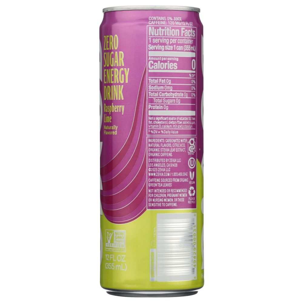 ZEVIA Raspberry Lime Energy: Zero Sugar | Natural Energy Drink 12fl oz